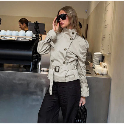 Women's Fashion Stand Collar Belt Lace Up Short Jacket