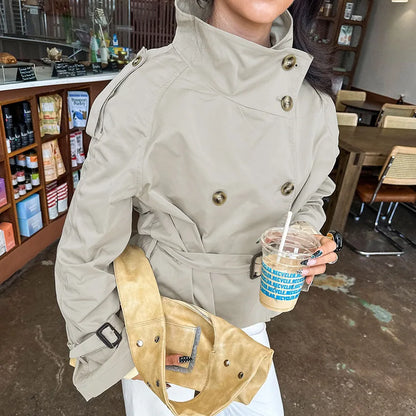 Women's Fashion Stand Collar Belt Lace Up Short Jacket