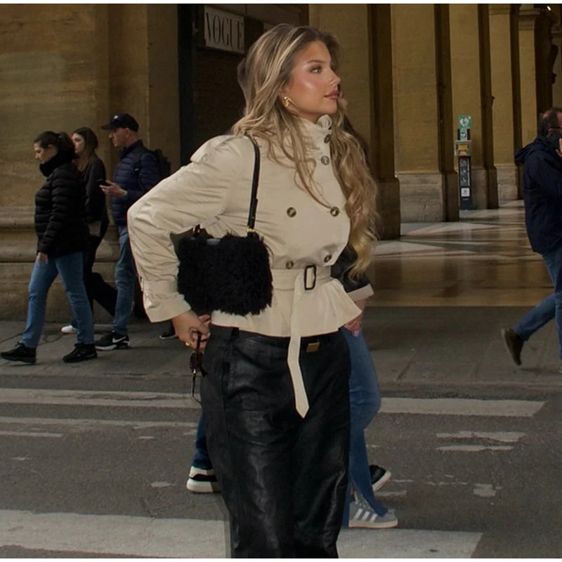 Women's Fashion Stand Collar Belt Lace Up Short Jacket
