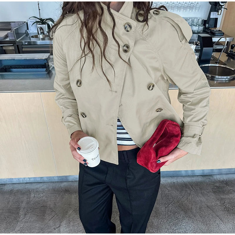 Women's Fashion Stand Collar Belt Lace Up Short Jacket