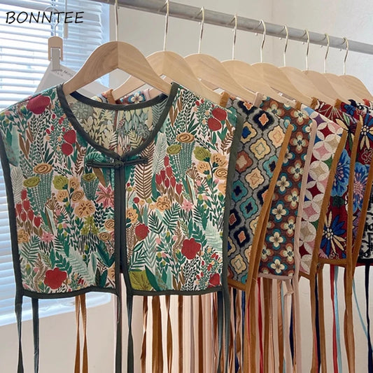 Vests Women Embroidery Lace-up Chic Vintage