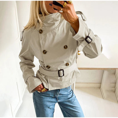 Women's Fashion Stand Collar Belt Lace Up Short Jacket