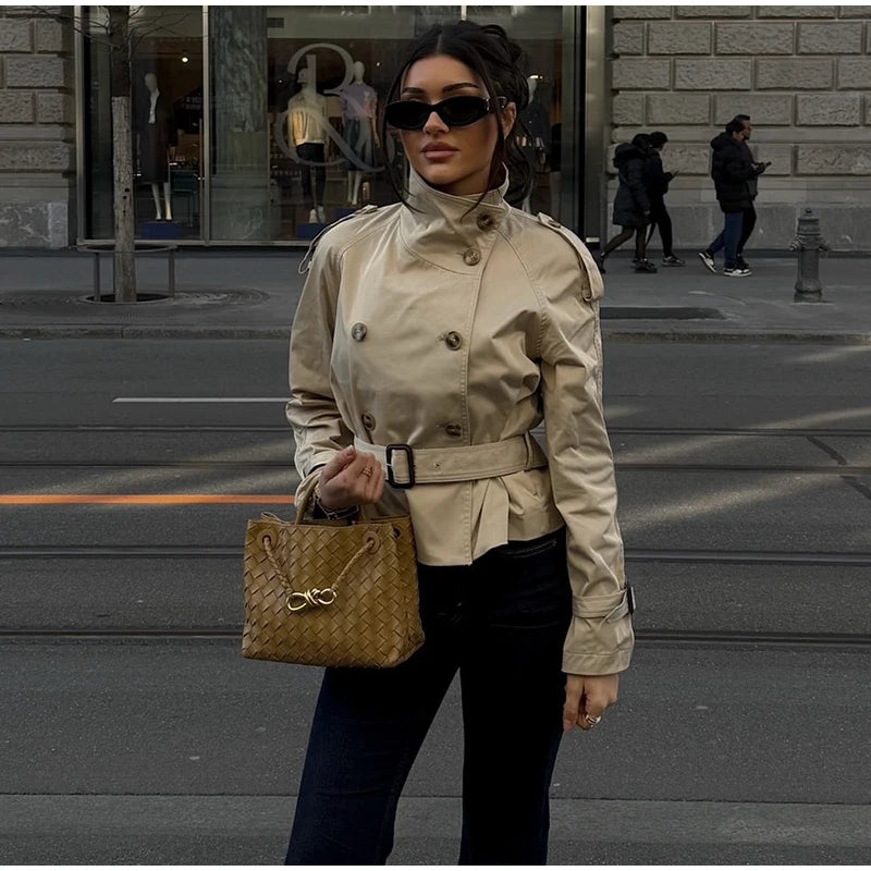 Women's Fashion Stand Collar Belt Lace Up Short Jacket