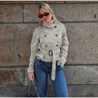 Women's Fashion Stand Collar Belt Lace Up Short Jacket