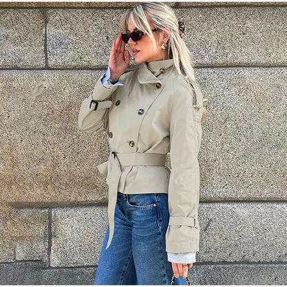 Women's Fashion Stand Collar Belt Lace Up Short Jacket