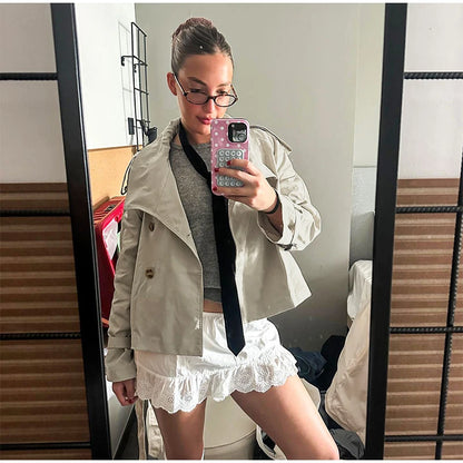 Women's Fashion Stand Collar Belt Lace Up Short Jacket