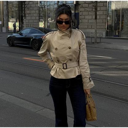 Women's Fashion Stand Collar Belt Lace Up Short Jacket