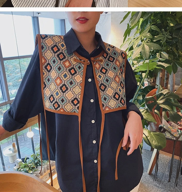 Vests Women Embroidery Lace-up Chic Vintage
