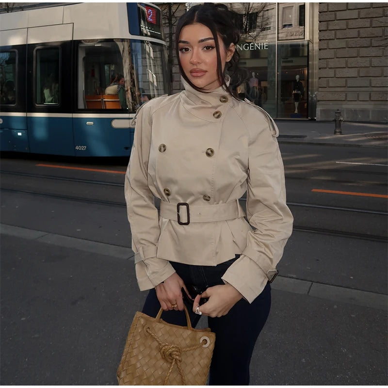 Women's Fashion Stand Collar Belt Lace Up Short Jacket