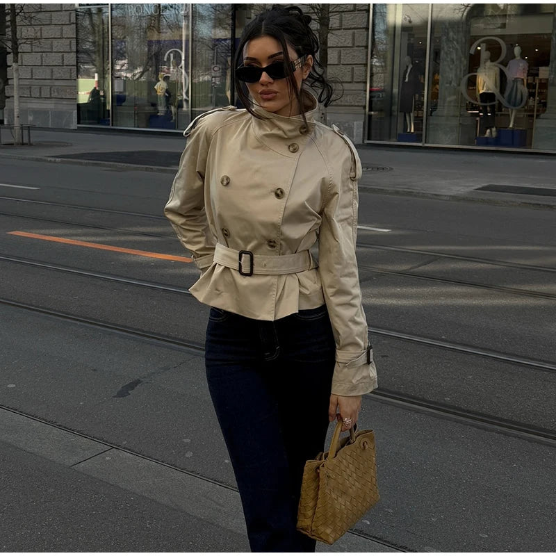 Women's Fashion Stand Collar Belt Lace Up Short Jacket