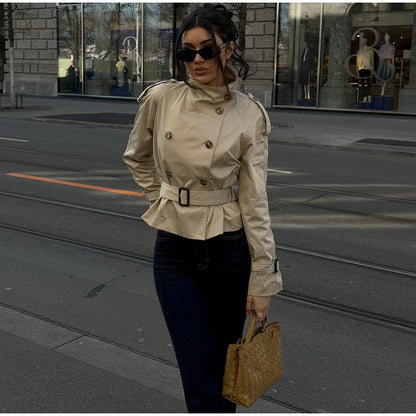 Women's Fashion Stand Collar Belt Lace Up Short Jacket