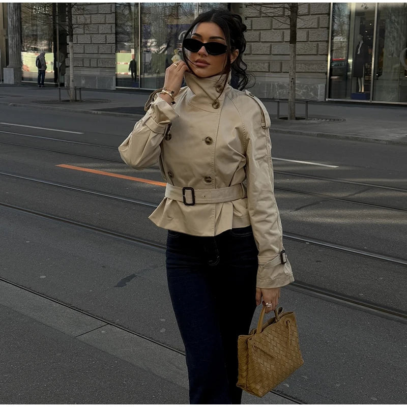 Women's Fashion Stand Collar Belt Lace Up Short Jacket