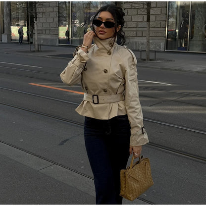 Women's Fashion Stand Collar Belt Lace Up Short Jacket