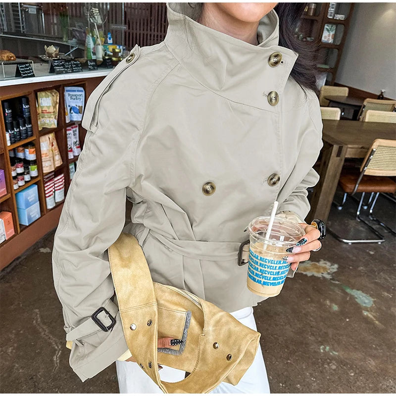 Women's Fashion Stand Collar Belt Lace Up Short Jacket