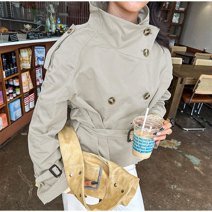 Women's Fashion Stand Collar Belt Lace Up Short Jacket