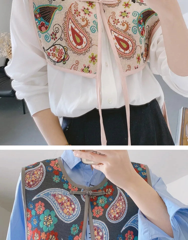 Vests Women Embroidery Lace-up Chic Vintage