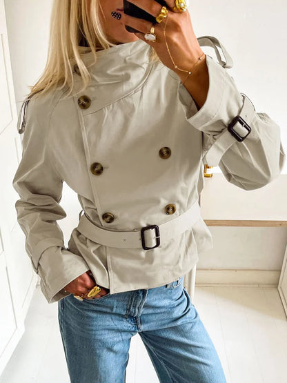 Women's Fashion Stand Collar Belt Lace Up Short Jacket
