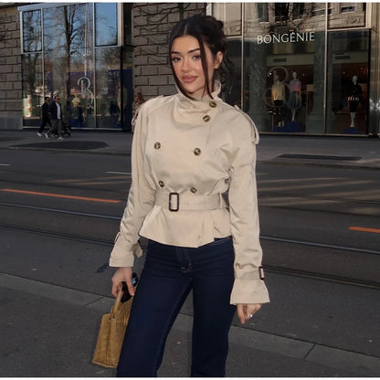 Women's Fashion Stand Collar Belt Lace Up Short Jacket