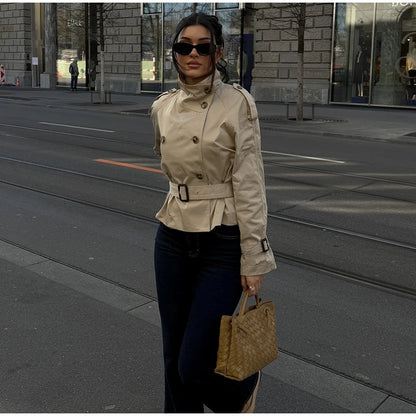 Women's Fashion Stand Collar Belt Lace Up Short Jacket